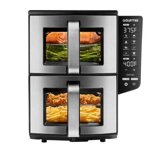 NEW 11-QT Gourmia Dual Basket Air Fryer Smart Finish 4Layer Cooking