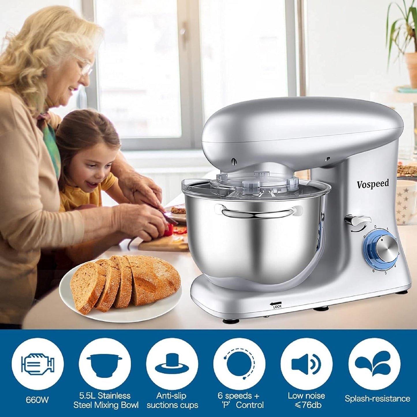 660W Vospeed Stand Electric Mixer 6Speed TiltHead Kitchen Dough 6 Qt Stainless