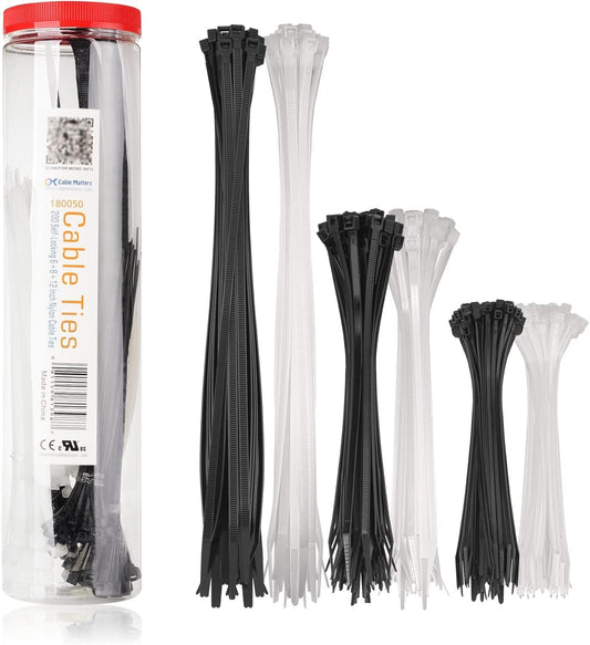 Cable Matters 200-Pack Zip Ties – 6/8/12" Nylon Cable Ties Black & White
