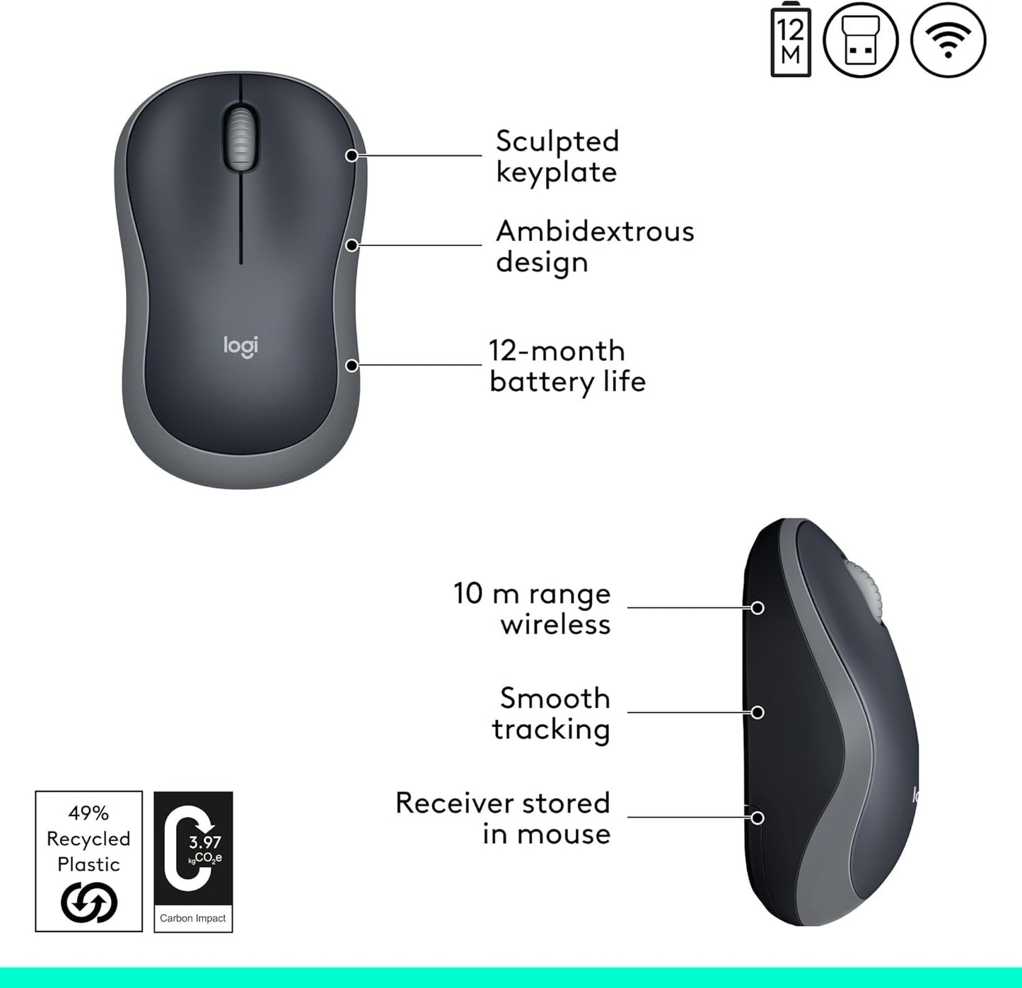 Logitech M185 Wireless Mouse – 12-Month Battery, 1000 DPI – Swift Grey USB