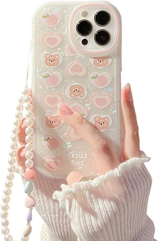 Fycyko Case for iPhone 15 Pro Max, Aesthetic Bear Design + Pearl Chain Accessory