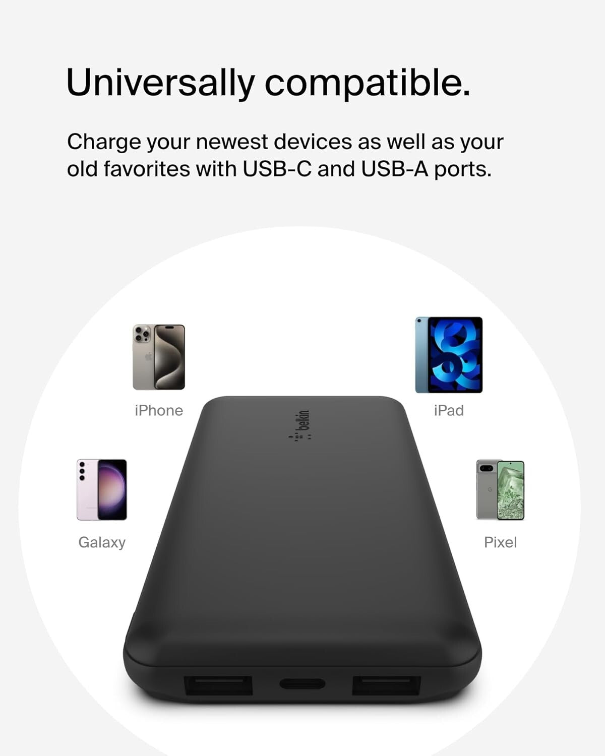 USB-C 15W Belkin Portable Charger Power Bank 10000mAh w 2xUSBA Ports