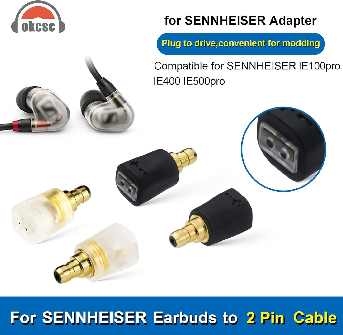 IE400 okcsc Adapters Sennheiser Pro Earbuds Male to 2 Pin Cable Female Compa
