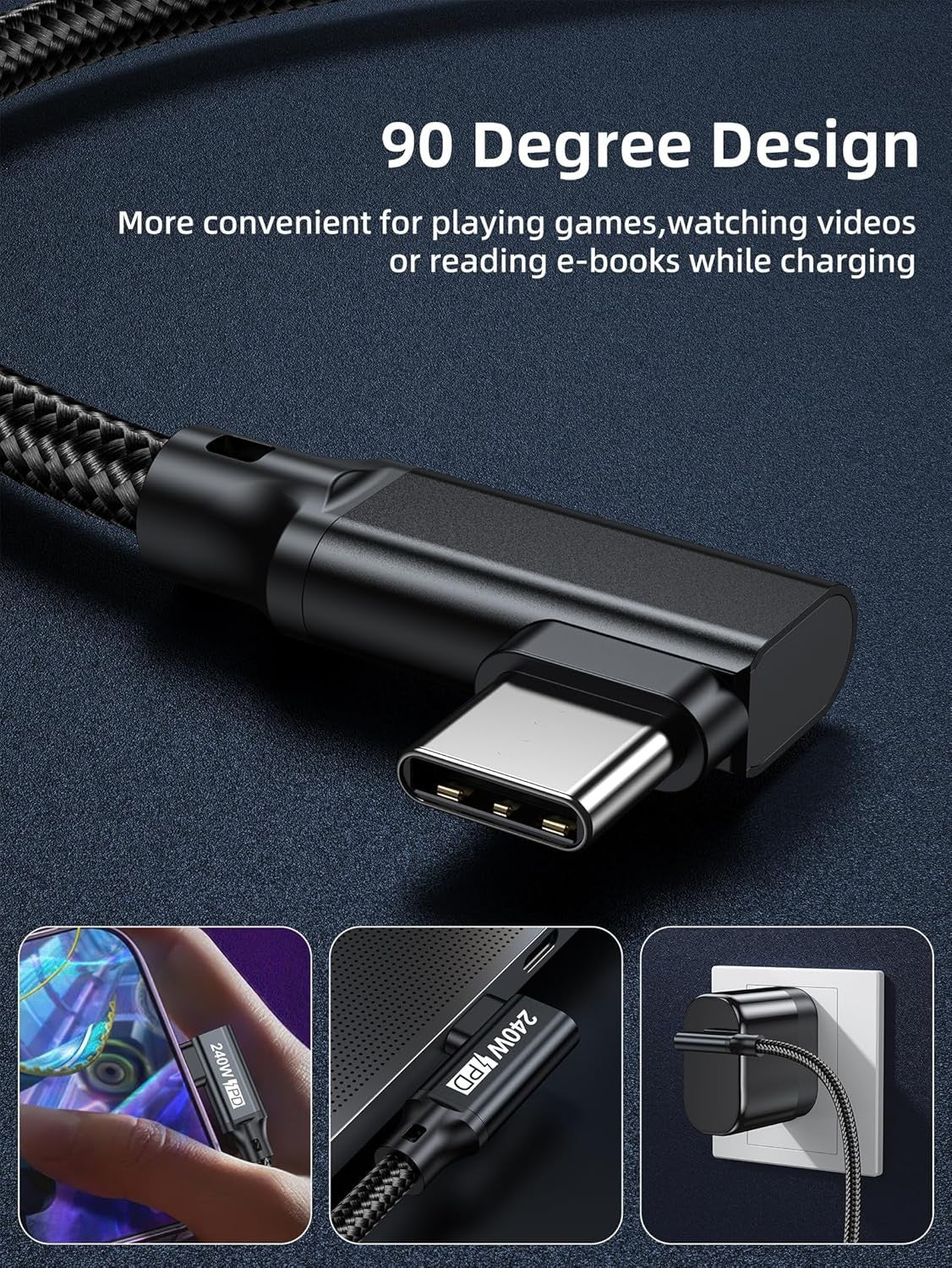 240W USB C to USB C Cable, PD 3.1, 5A Fast Charging, Dual Right Angle, 6.6FT