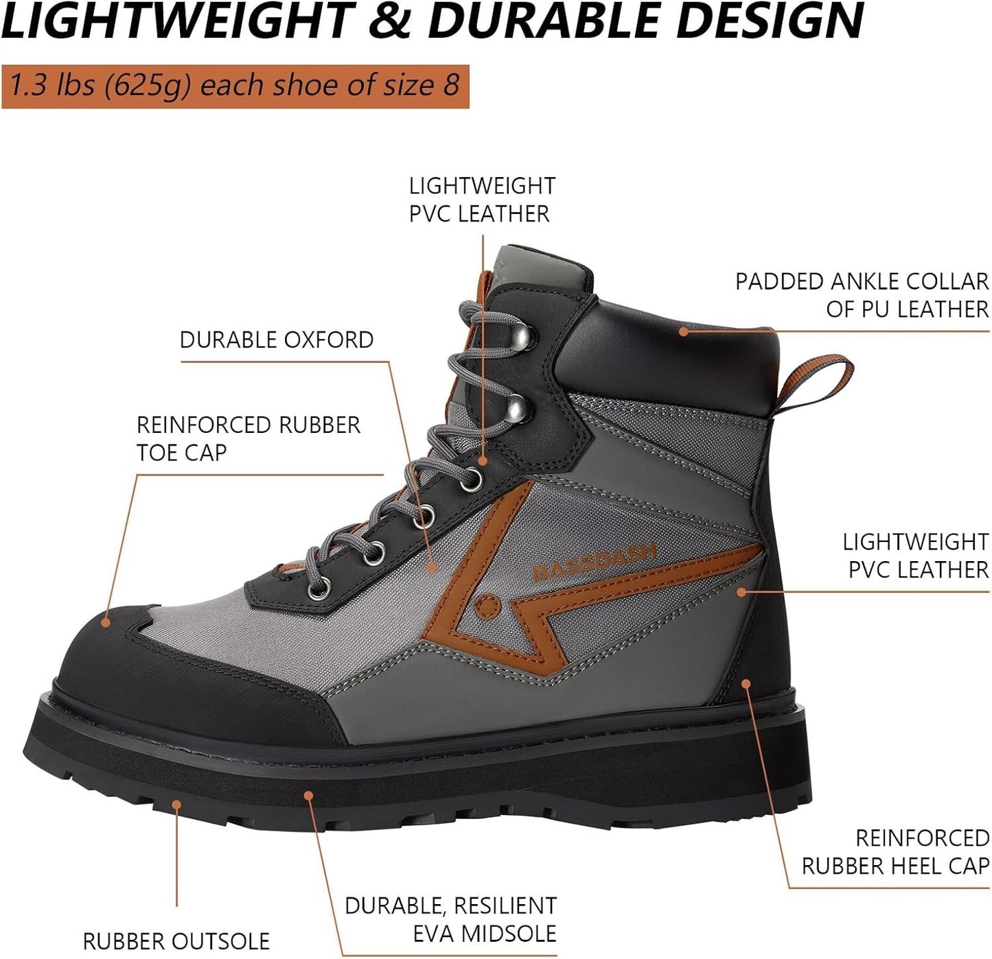BASSDASH Mens Wading Boots Lightweight AntiSlip Rubber Sole Fly Fishing Wading