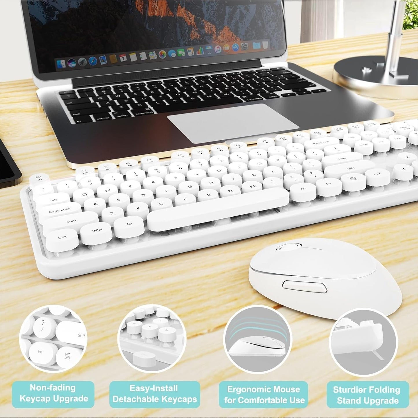 Wireless Retro Round Keycaps Keyboard & Mouse Combo Full‑Size White