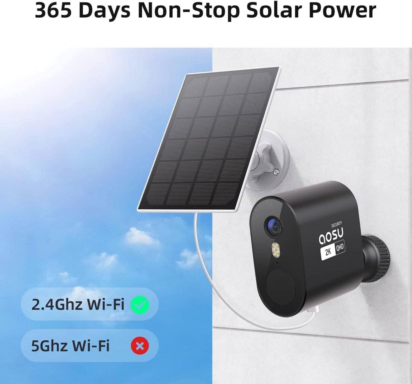 AOSU 2K Outdoor Camera – Solar Powered, Siren, Spotlight, Alexa Ready
