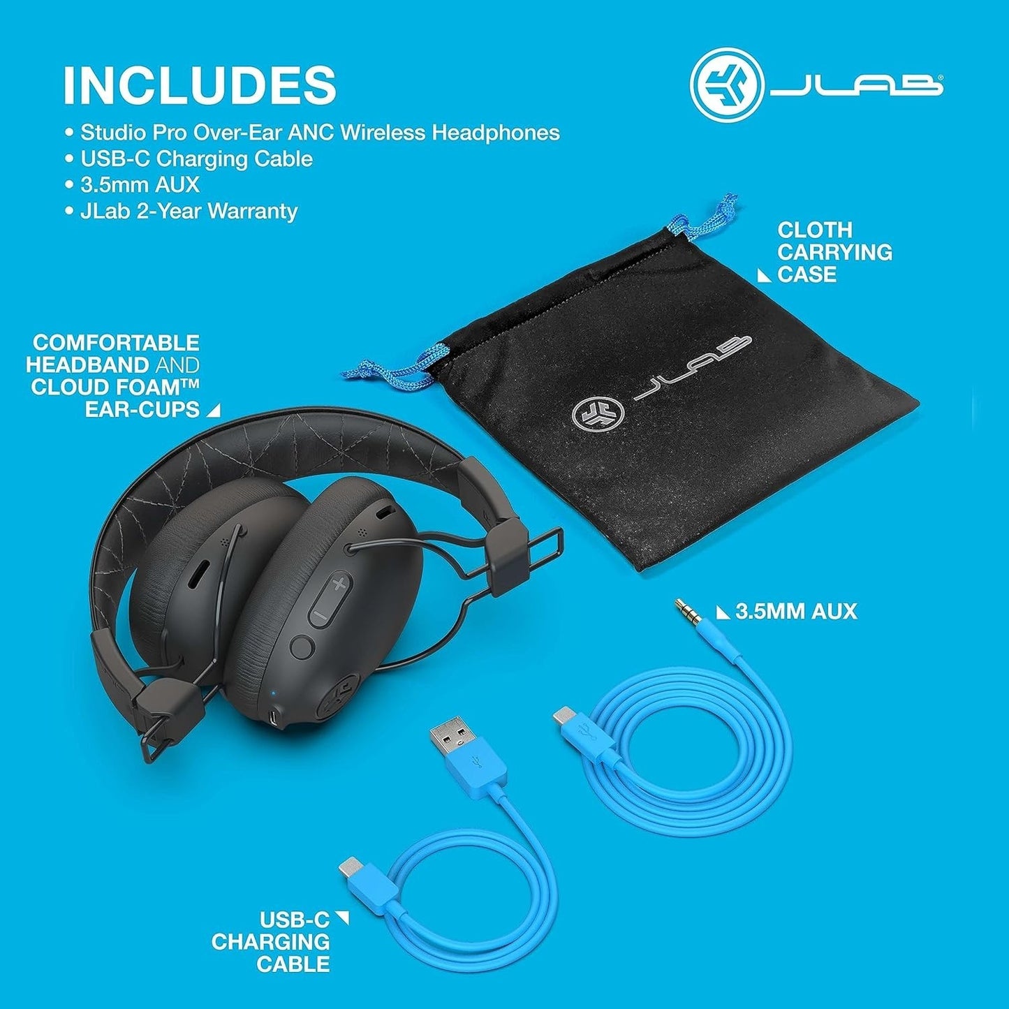 JLab Studio Pro ANC Over-Ear Bluetooth Headphones – 45+ Hr Playtime, Noise Cance