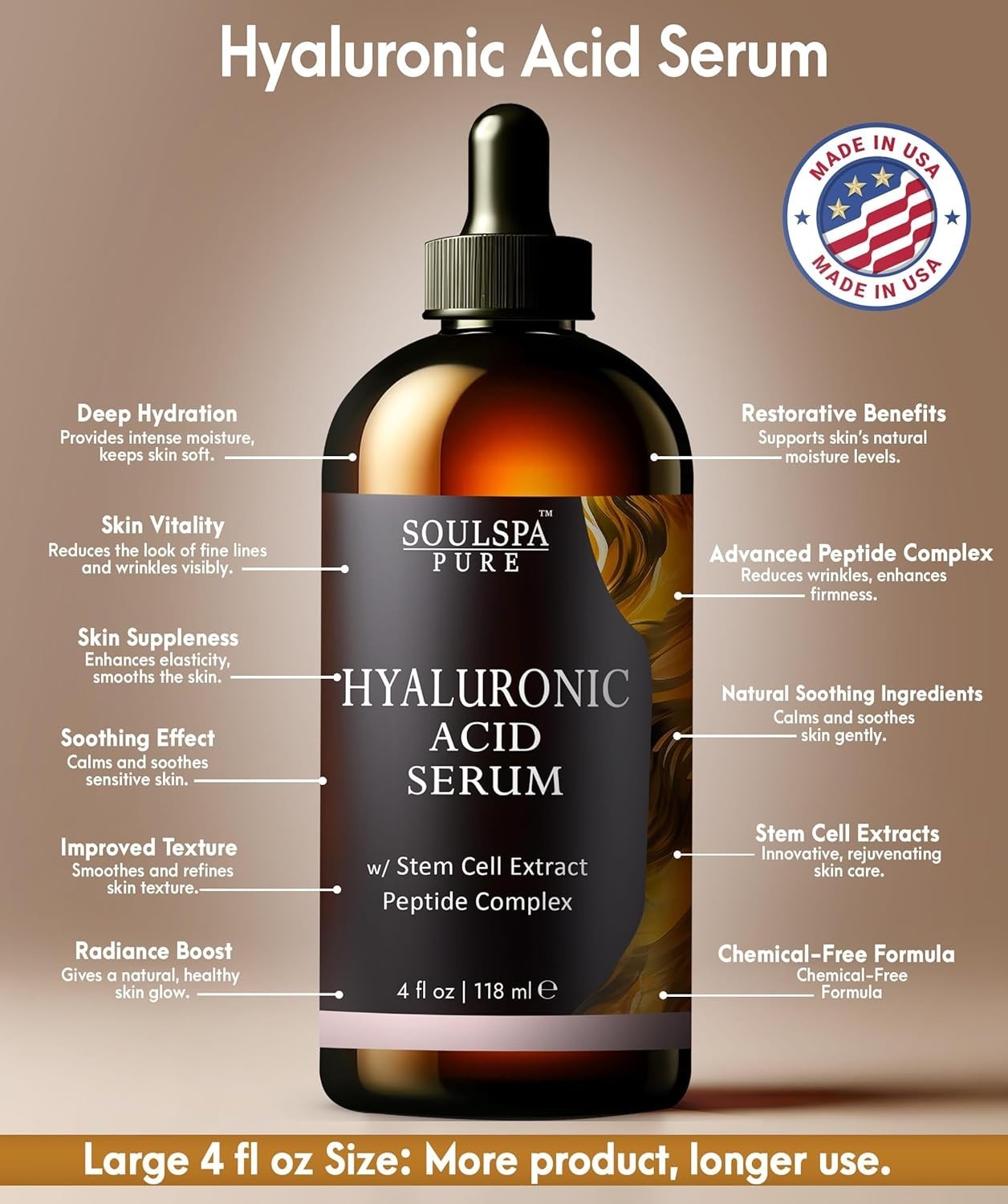 SOULSPA PURE Hyaluronic Acid Serum w/ Peptides– Hydrating Facial Serum – 4 fl oz