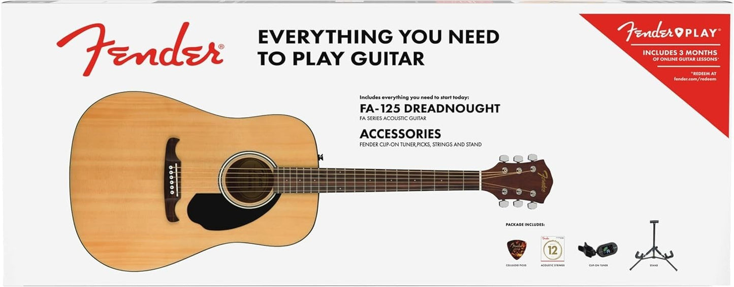 Fender FA-125 Dreadnought Bundle – Natural Guitar with Gig Bag and Accessories