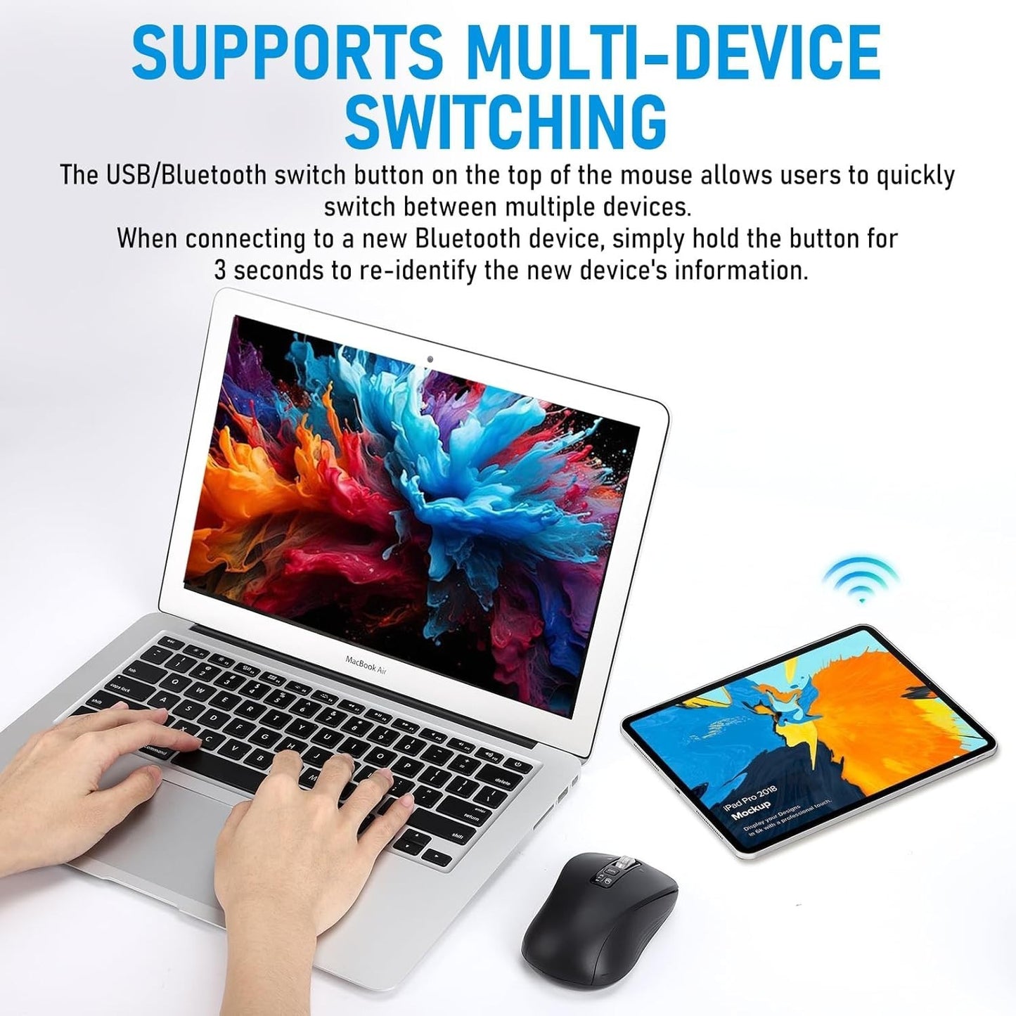Wireless Mouse, Dual Bluetooth & USB, Silent Clicks, Adjustable DPI Rechargeable