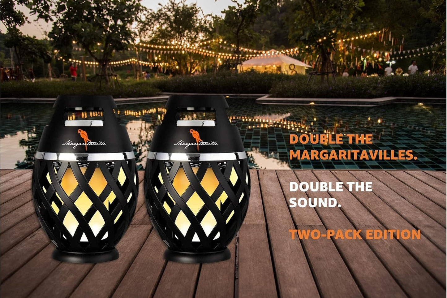 Margaritaville Bluetooth Tiki Speakers – LED Flame Lights – Waterproof – 2 Pack