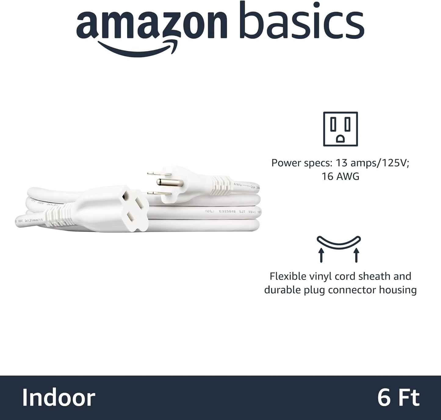 125V Amazon Basics Power Extension Cord 6 Feet 13 Amps White