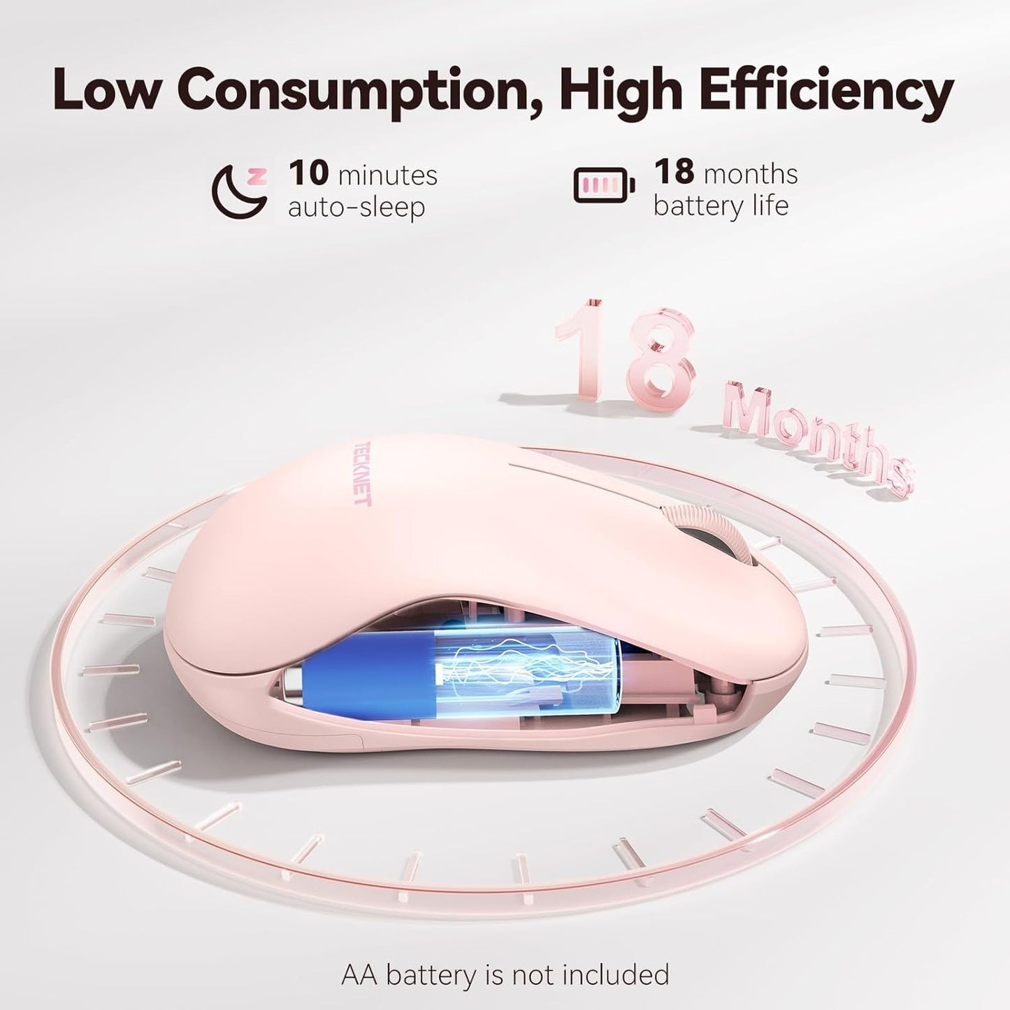 TECKNET Pink Wireless Mouse – Quiet, 5 DPI, Contoured Grip, 30 Months Battery