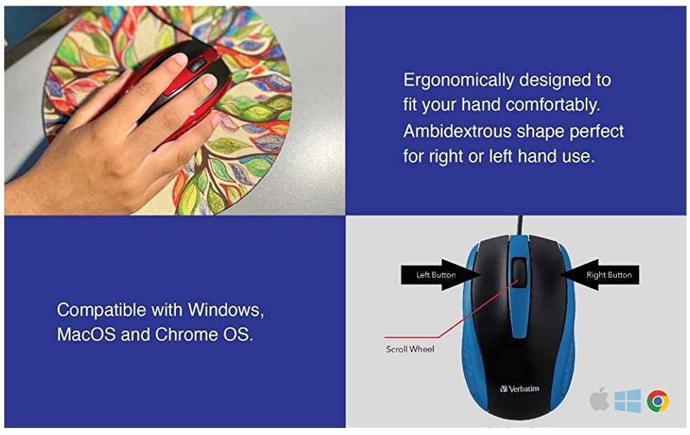 USB USB Wired Computer Mouse Verbatim Corded Mouse Laptops PCs