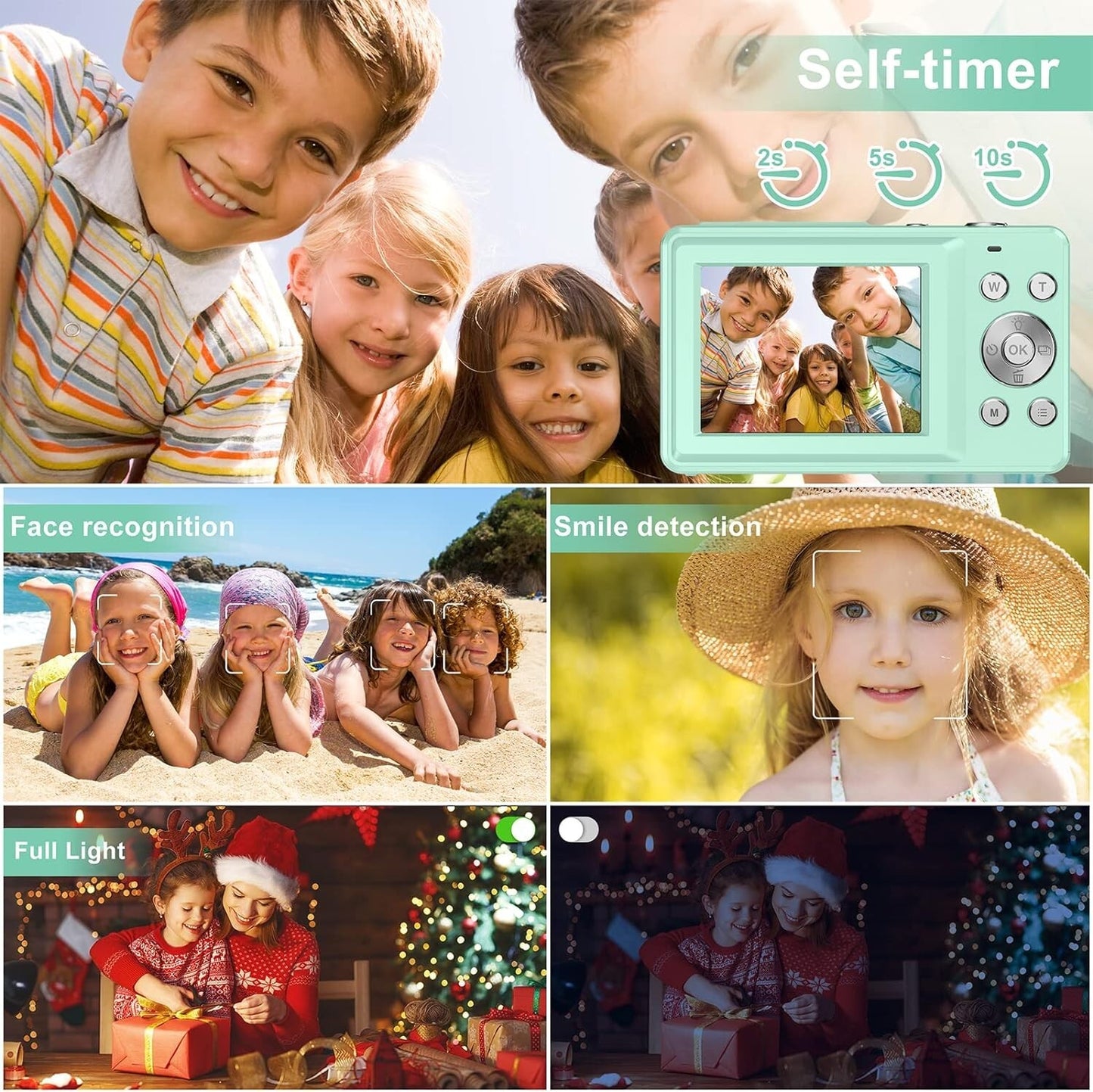 FHD 1080P Kids Compact Digital Camera 16x Zoom w SD Card Mint Green