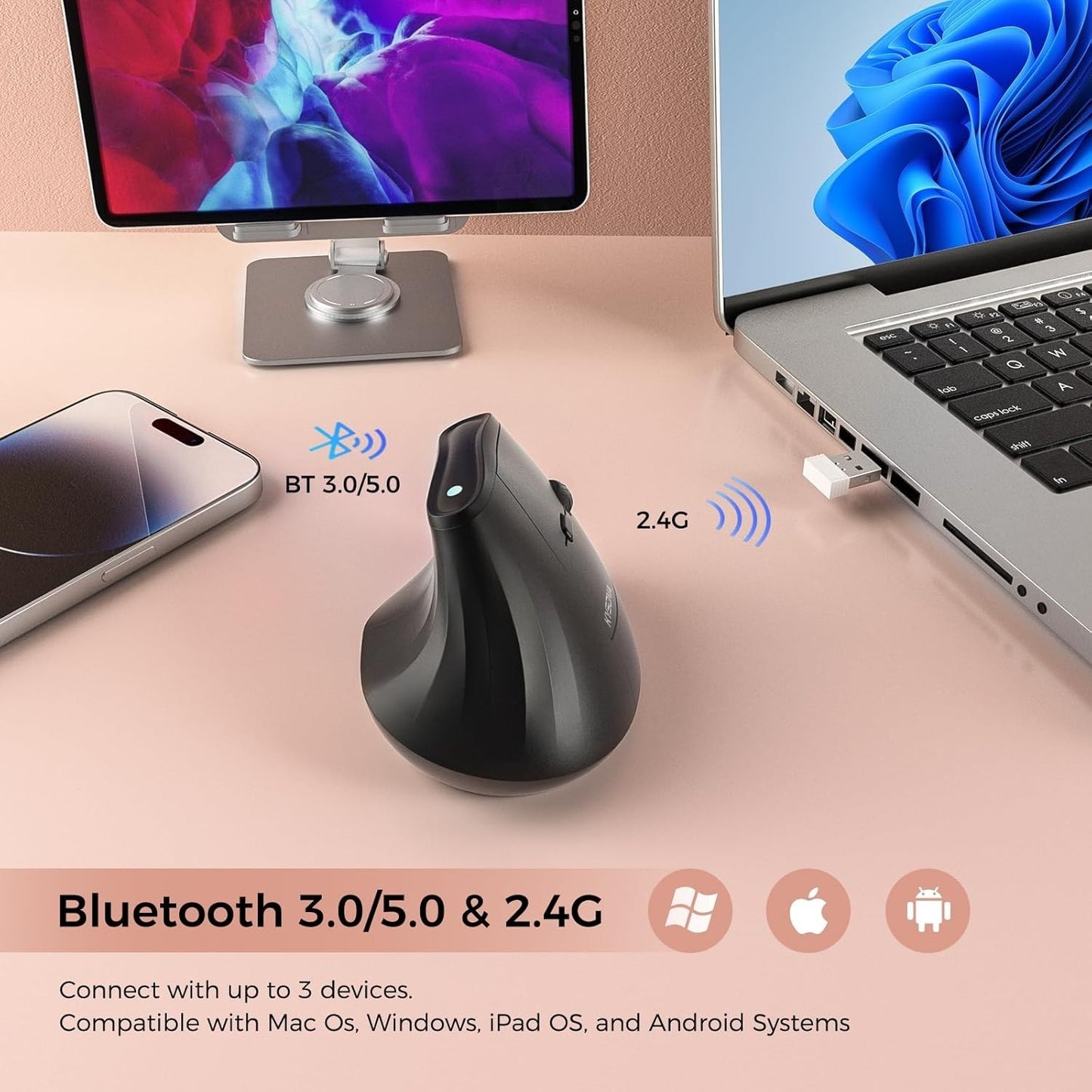 Wireless Ergo Tower Mouse – 57° Vertical, BT/2.4G, 4000 DPI, Mac/PC Compatible