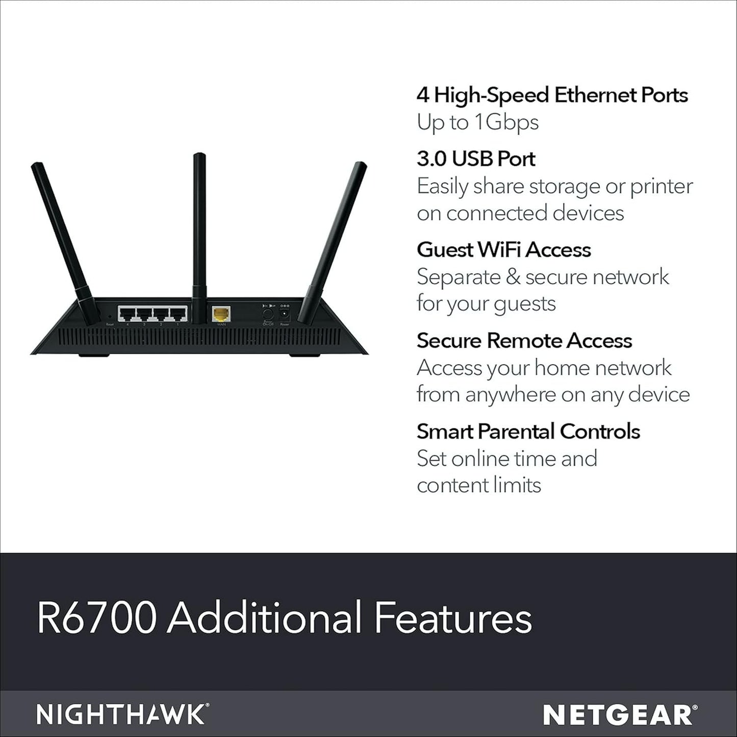 NETGEAR R6700 Wi-Fi Router – AC1750, 4 LAN, USB 3.0, Armor Security, 1500 Sq Ft