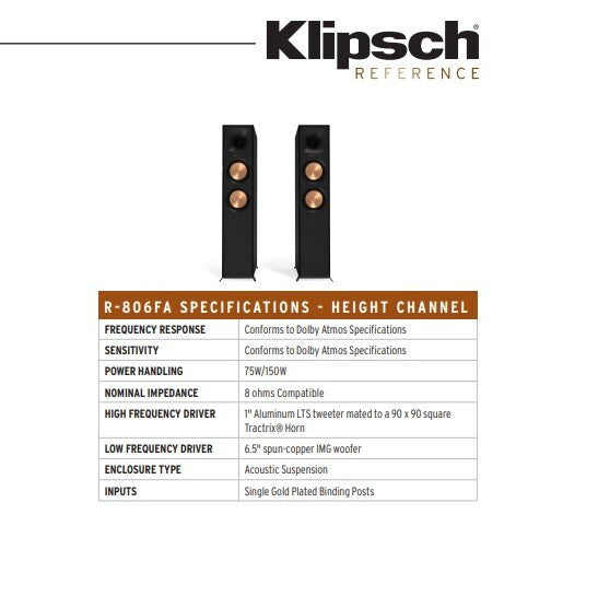 Klipsch R806-FA Reference Dolby Atmos Tower Dual 8 Woofers Pair
