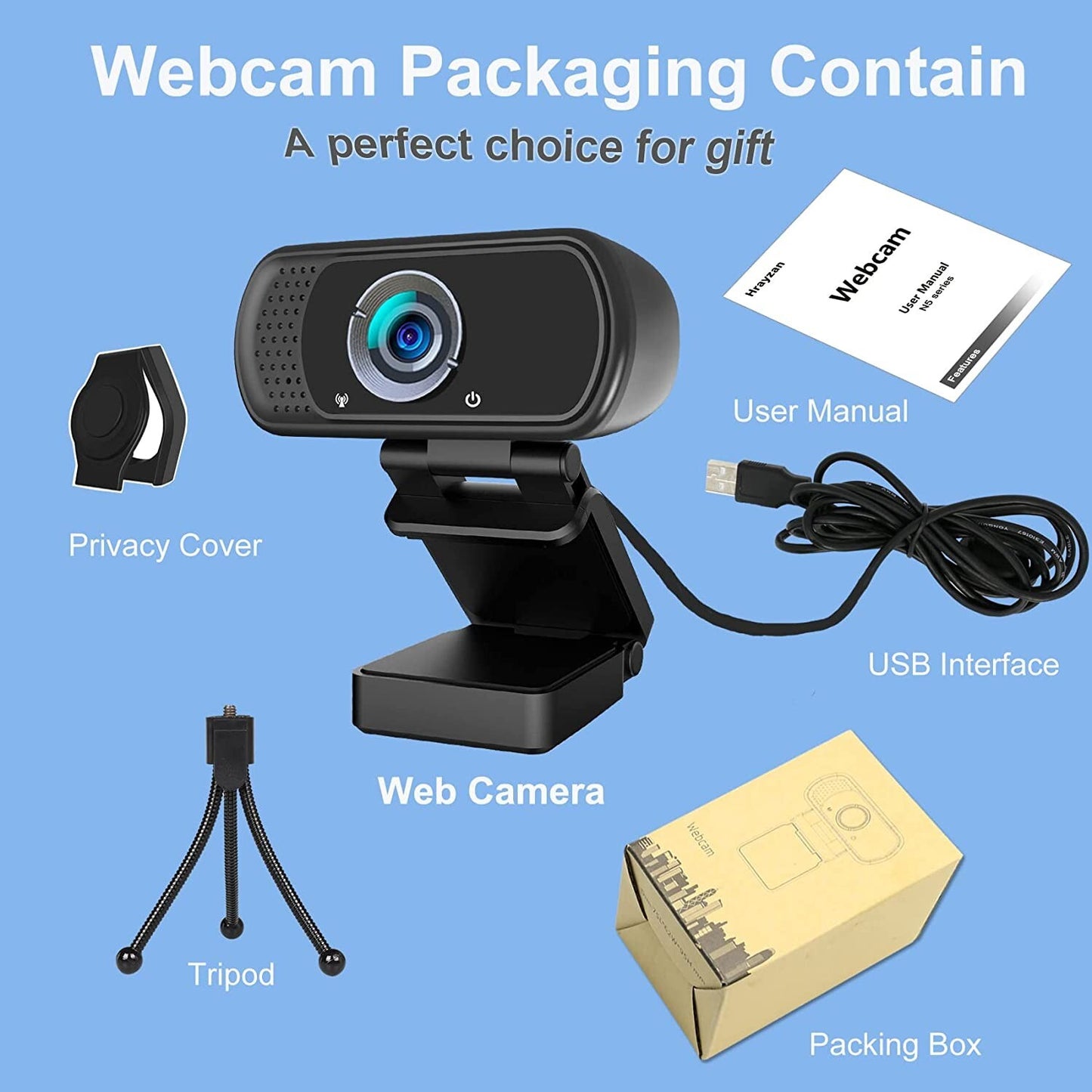 1080P Webcam Microphone Hrayzan HD Webcam w Privacy Cover Tripod