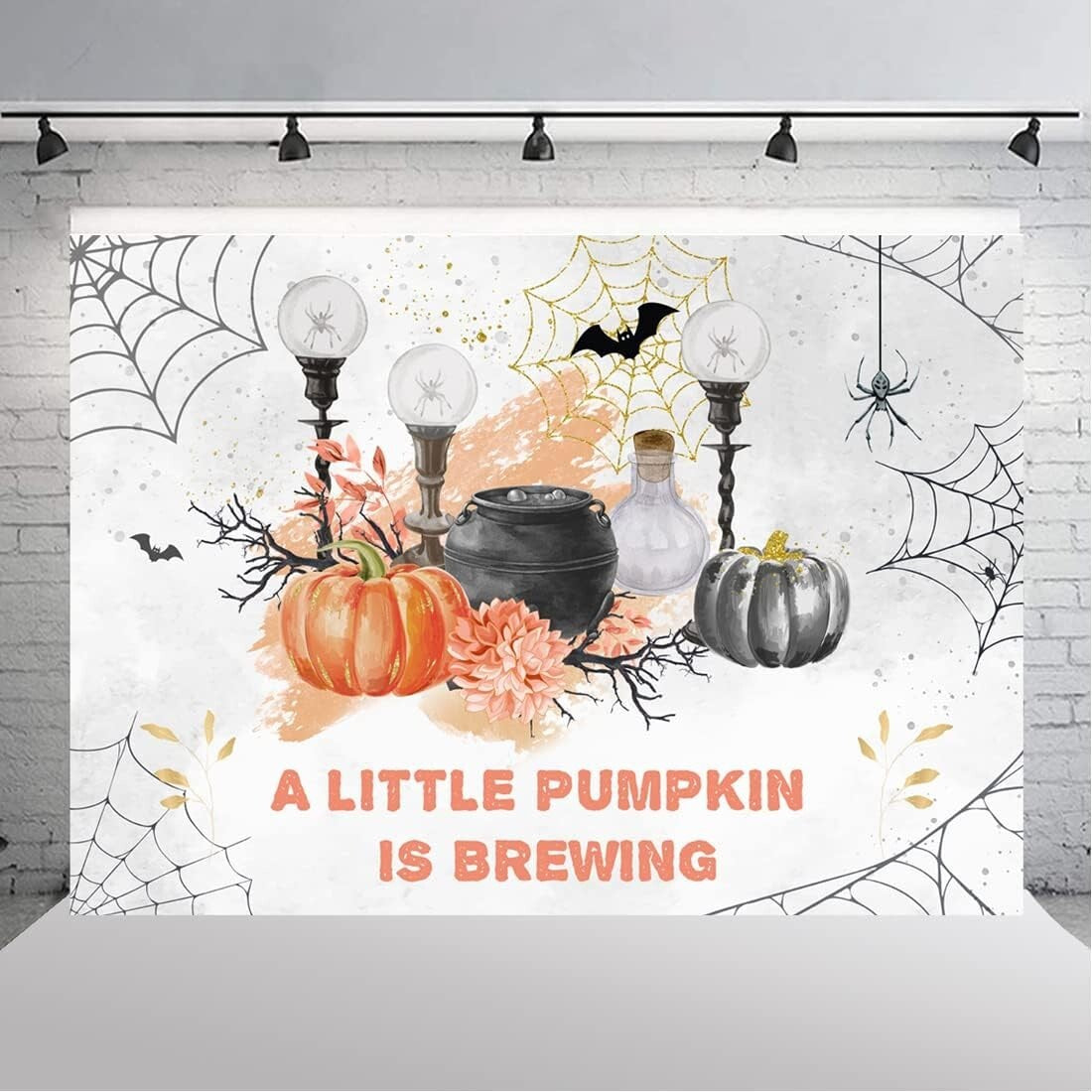Lofaris A Little Pumpkin is Brewing Backdrop Haunted Horror Forest Bat Web Pumpk