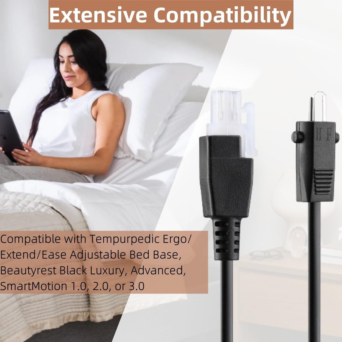 6.6ft Power Cord for Adjustable Bed Base – Replacement Input Cable, Black