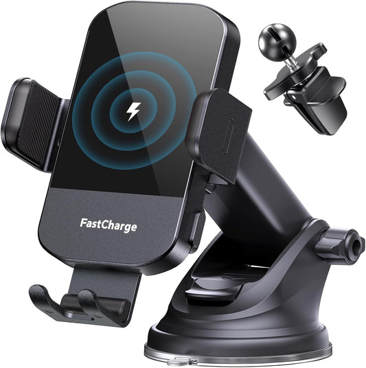 CHGeek 15W Fast Wireless Car Charger – Auto Clamp Holder – iPhone/Samsung Black