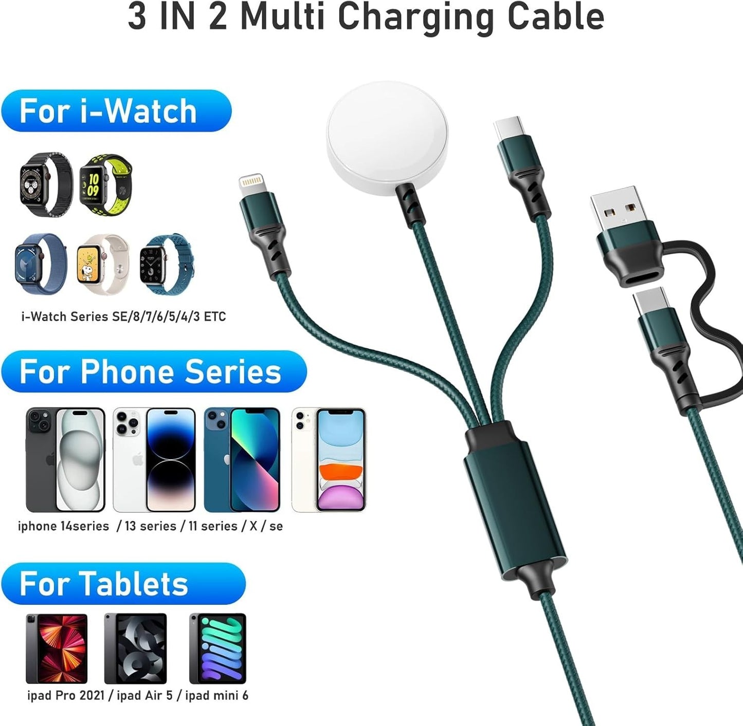 3-in-2 Charging Cable, Apple Watch & iPhone Fast Charger, Multi-Device Travel