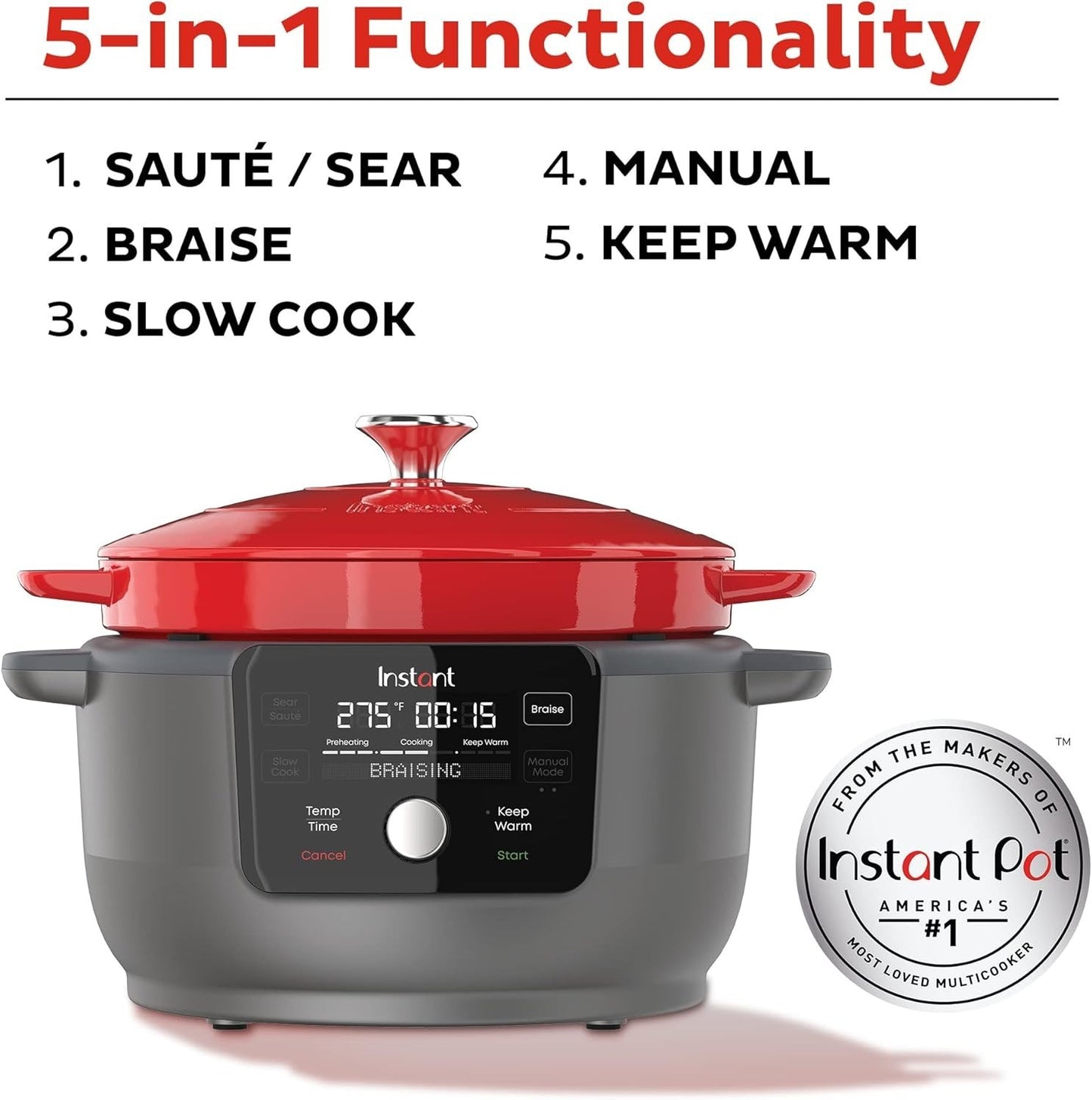 Instant Pot 6QT Electric Dutch Oven, Braise, Sauté 5-in-1, 1500W Red, Cast Iron