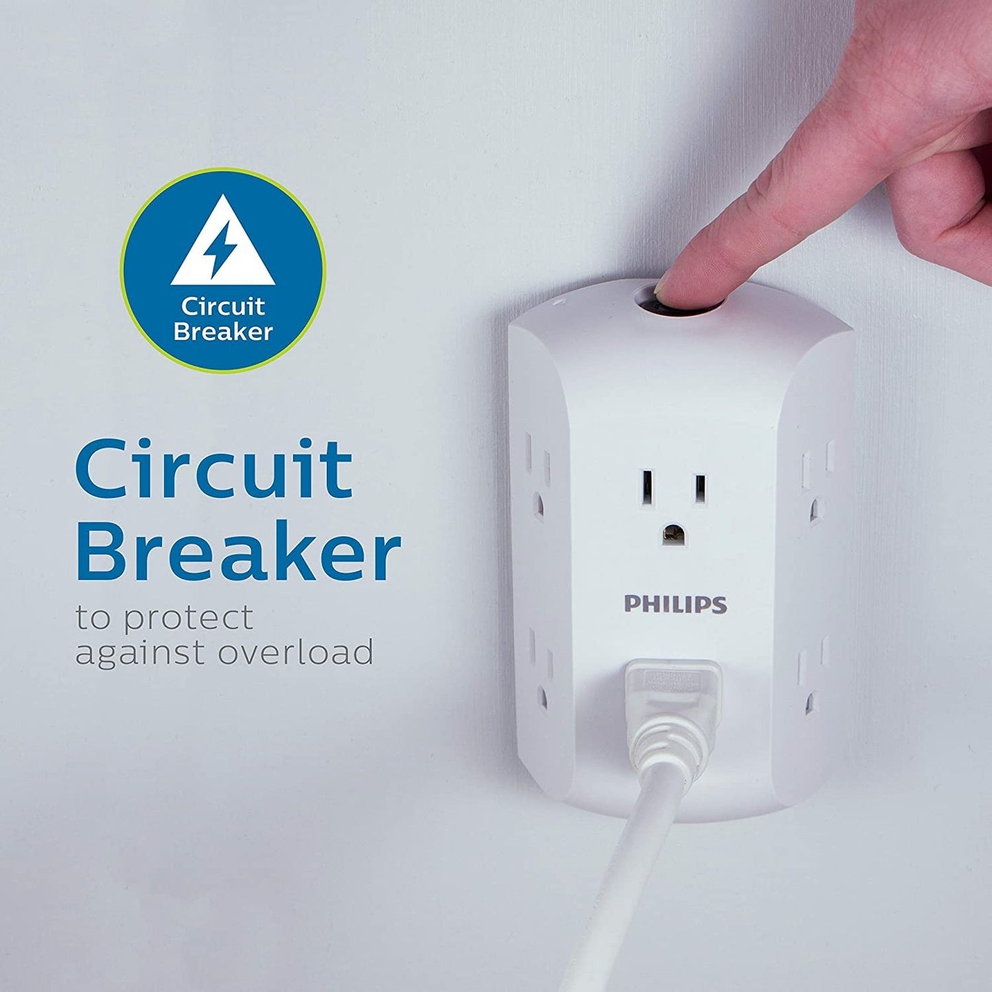 Philips 6-Outlet Wall Tap Extender – Grounded, Circuit Breaker, White