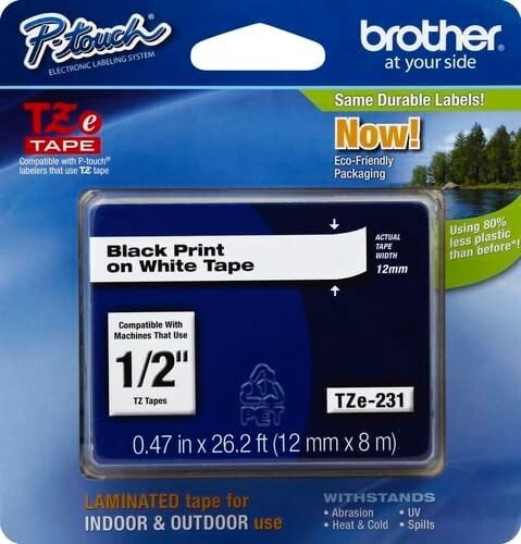 TZE231 Brother Black Print on White Laminated Tape Ptouch Label Maker