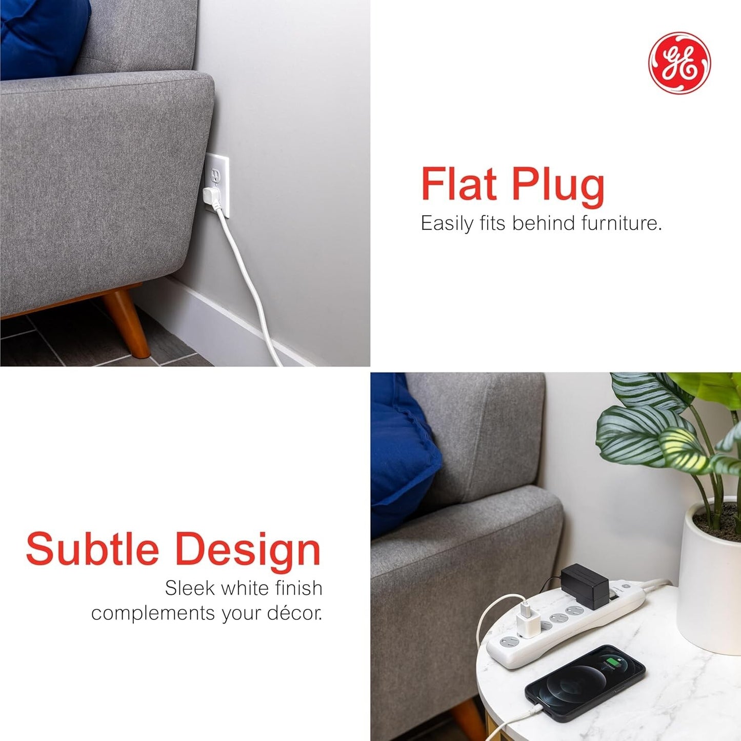 800 WHITE GE 6Outlet Sur Protector 10 Ft Extension Cord Power Strip Joules