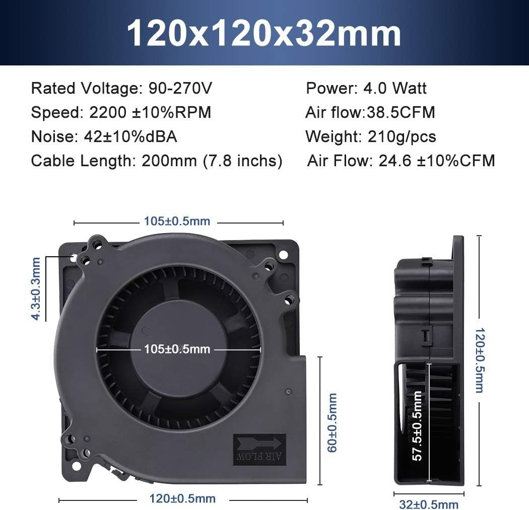 Wathai 120mm EC Blower – Dual Ball Bearing, High Airflow Fan – AC 110/115/120/22