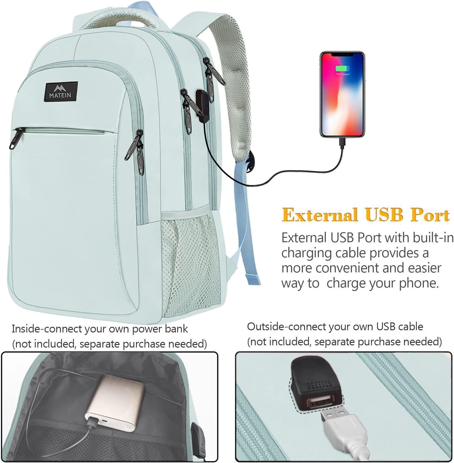 MATEIN School Laptop Backpack – Lightweight, USB Charging, Fits 15.6", Gift Idea