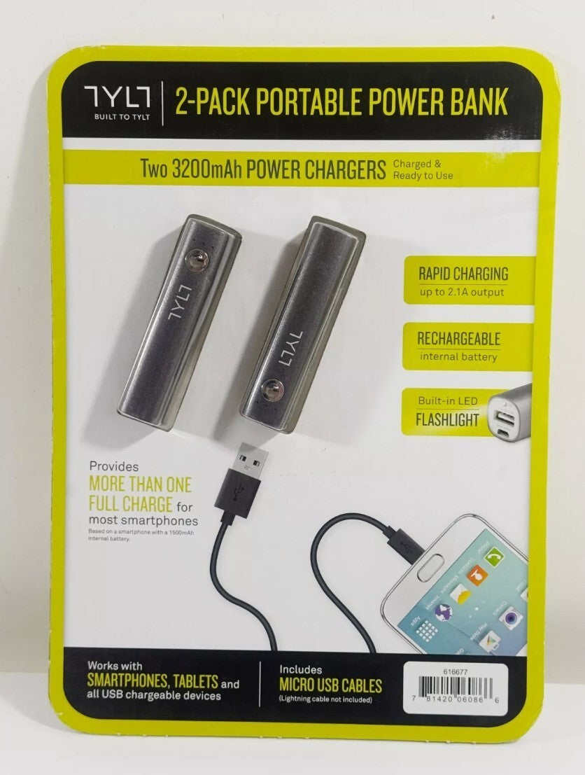 TYLT USB 2 Pack Portable Power Bank 3200mAh Chargers Cables