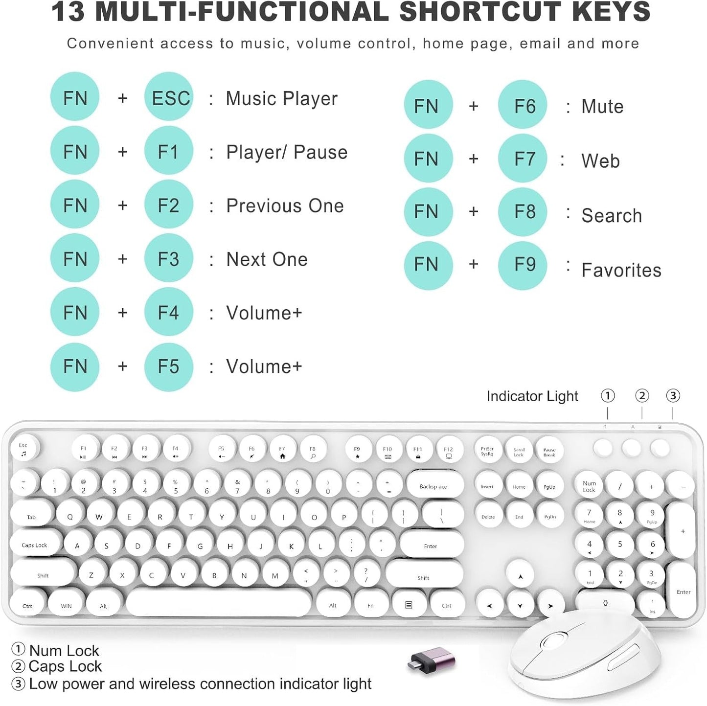 Wireless Retro Round Keycaps Keyboard & Mouse Combo Full‑Size White