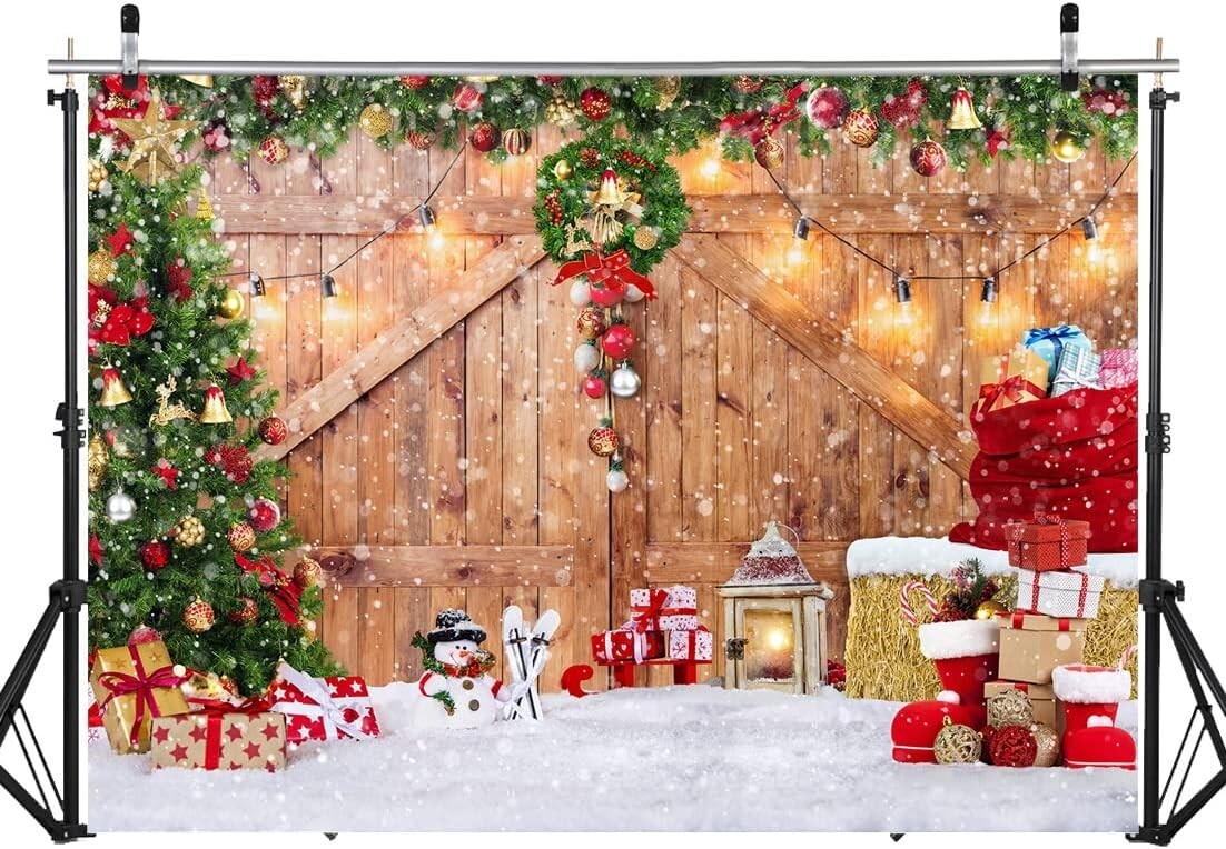 Rustic Christmas Barn Wood Door Backdrop Xmas Tree Snow Photography 10 x 8 FT