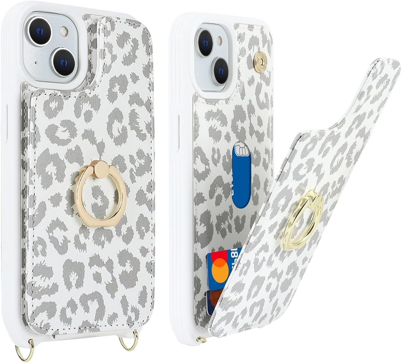 iPhone 13 Case for Women by Lipvina, Crossbody Lanyard, Card Slot, White Leopard