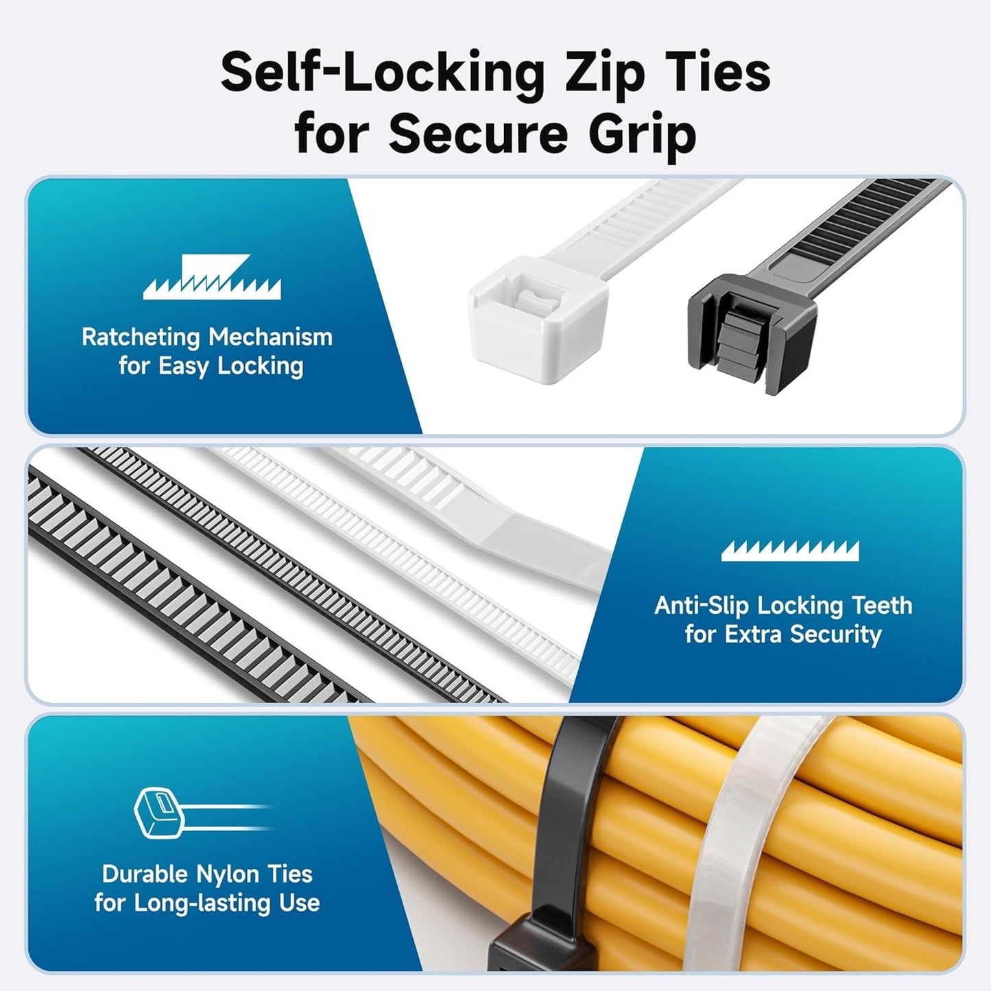 Cable Matters 200-Pack Zip Ties – 6/8/12" Nylon Cable Ties Black & White