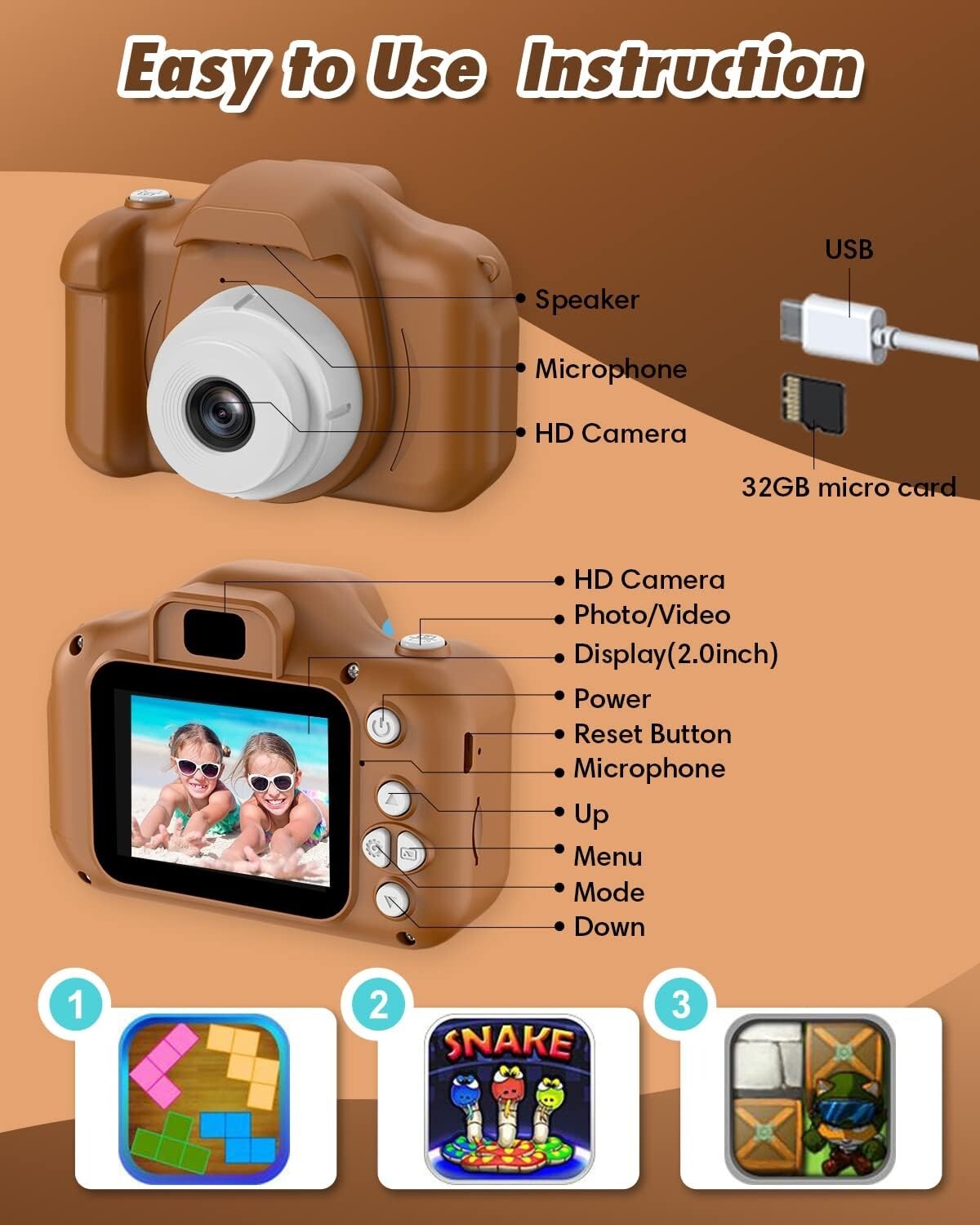32GB 1080P Slothcloud Cartoon Kids Selfie Camera DogBrown Kids