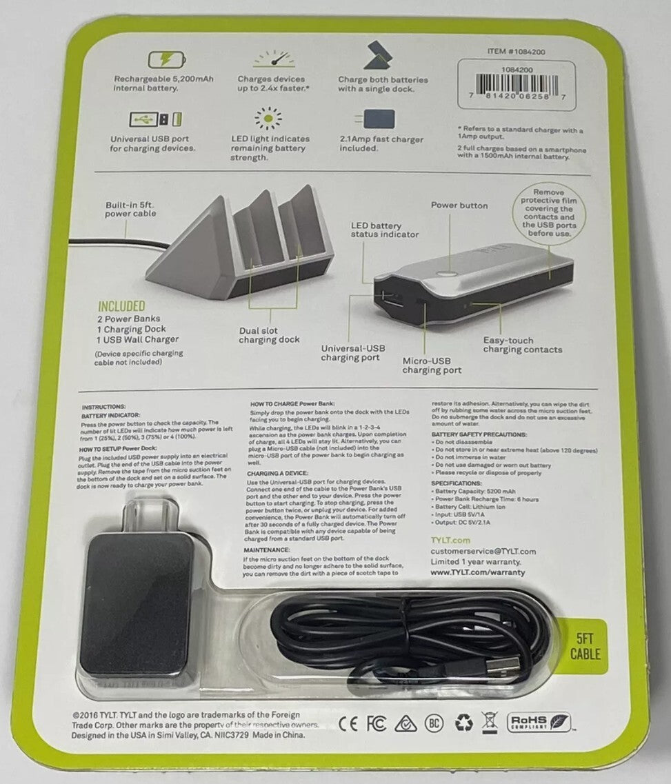 TYLT USB 2 Pack Portable Power Bank wCharging Dock 5200mAh Chargers