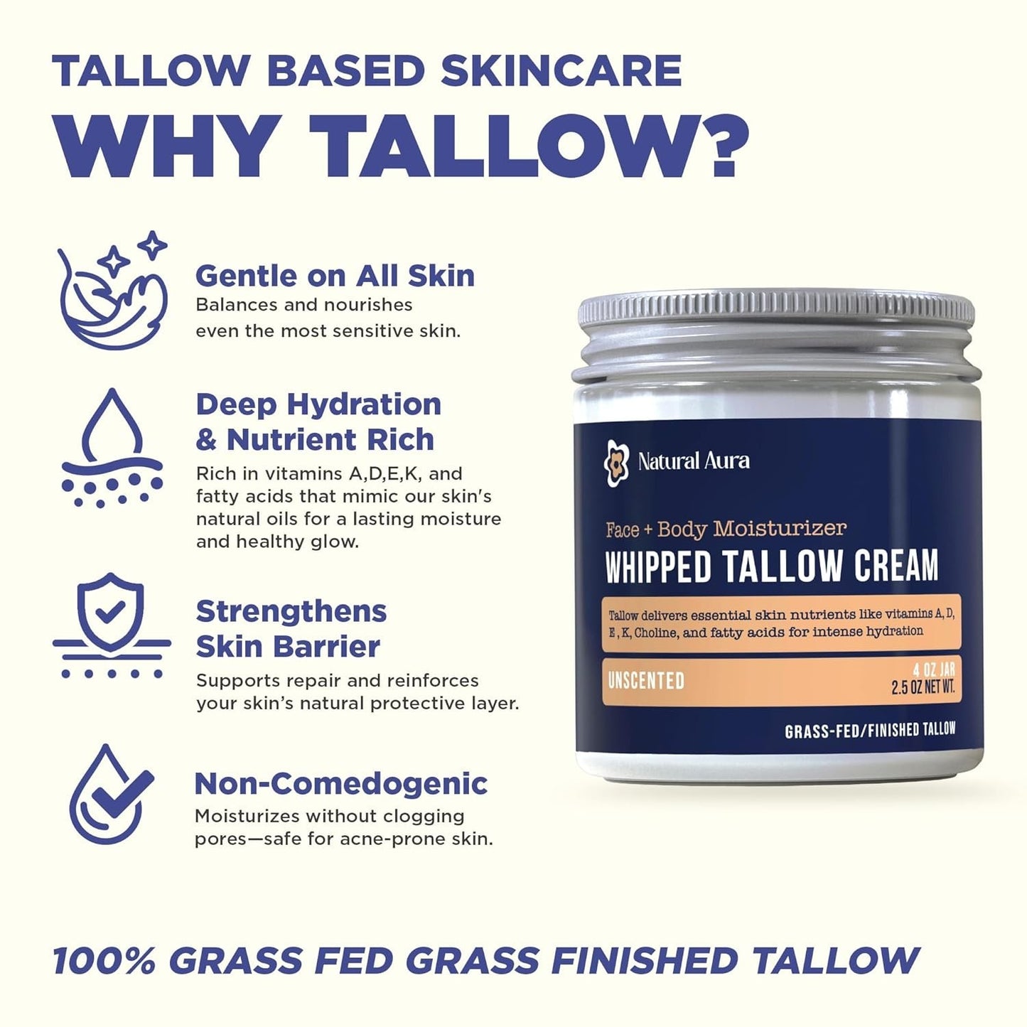 Whipped Beef Tallow 4oz Face & Body Moisturizer Unscented Natural Skin Balm