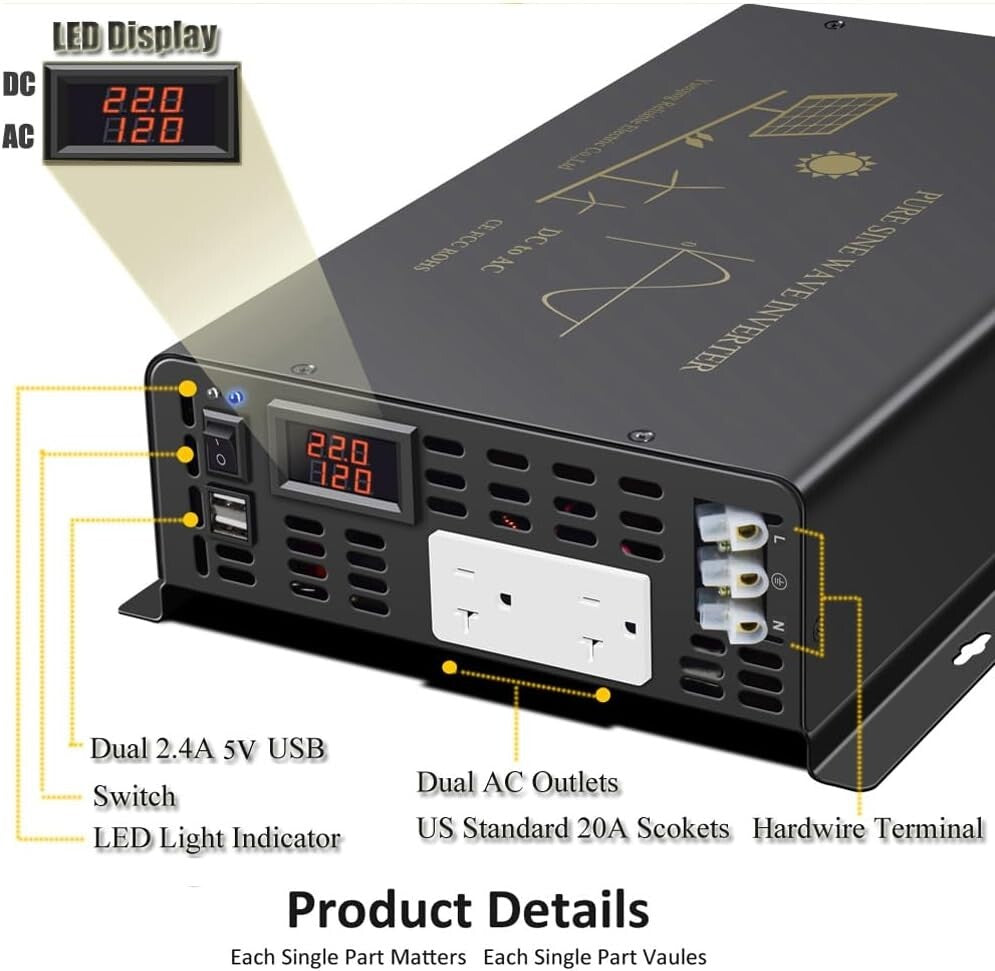 3000 24VDC Watt Pure Sine Wave Power Inverter to Peak Builtin Soft