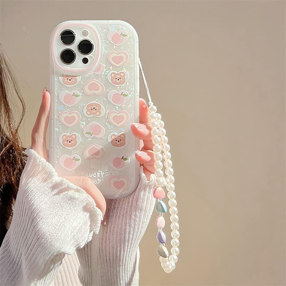 Fycyko Case for iPhone 15 Pro Max, Aesthetic Bear Design + Pearl Chain Accessory