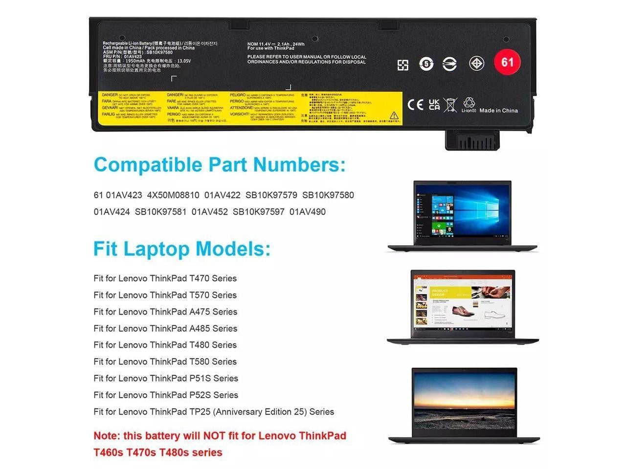 Laptop Battery for Lenovo ThinkPad T470/80 T580 P52S A485, 01AV423/25 11.4V 24Wh