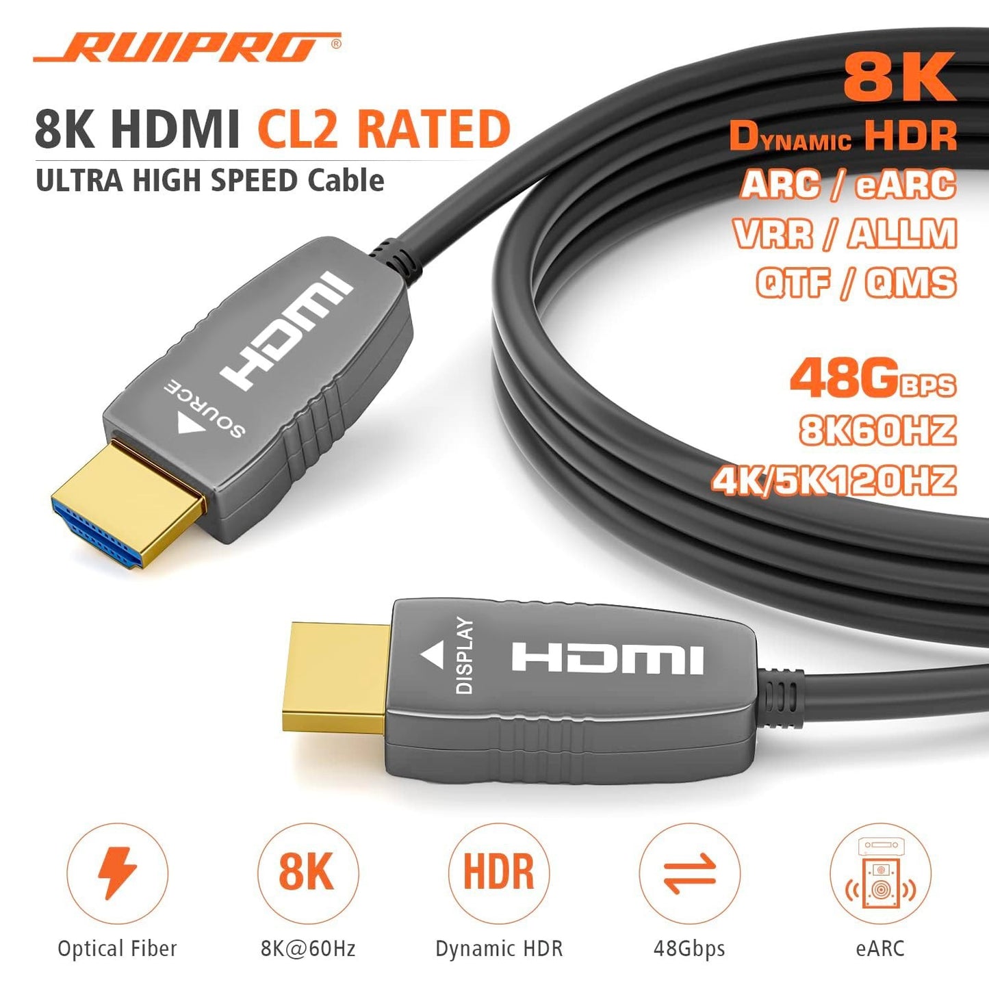 RUIPRO 8K HDMI 3FT Fiber Optic Cable– 48Gbps, 8K@60Hz, 4K@120Hz, eARC, CL2 Rated