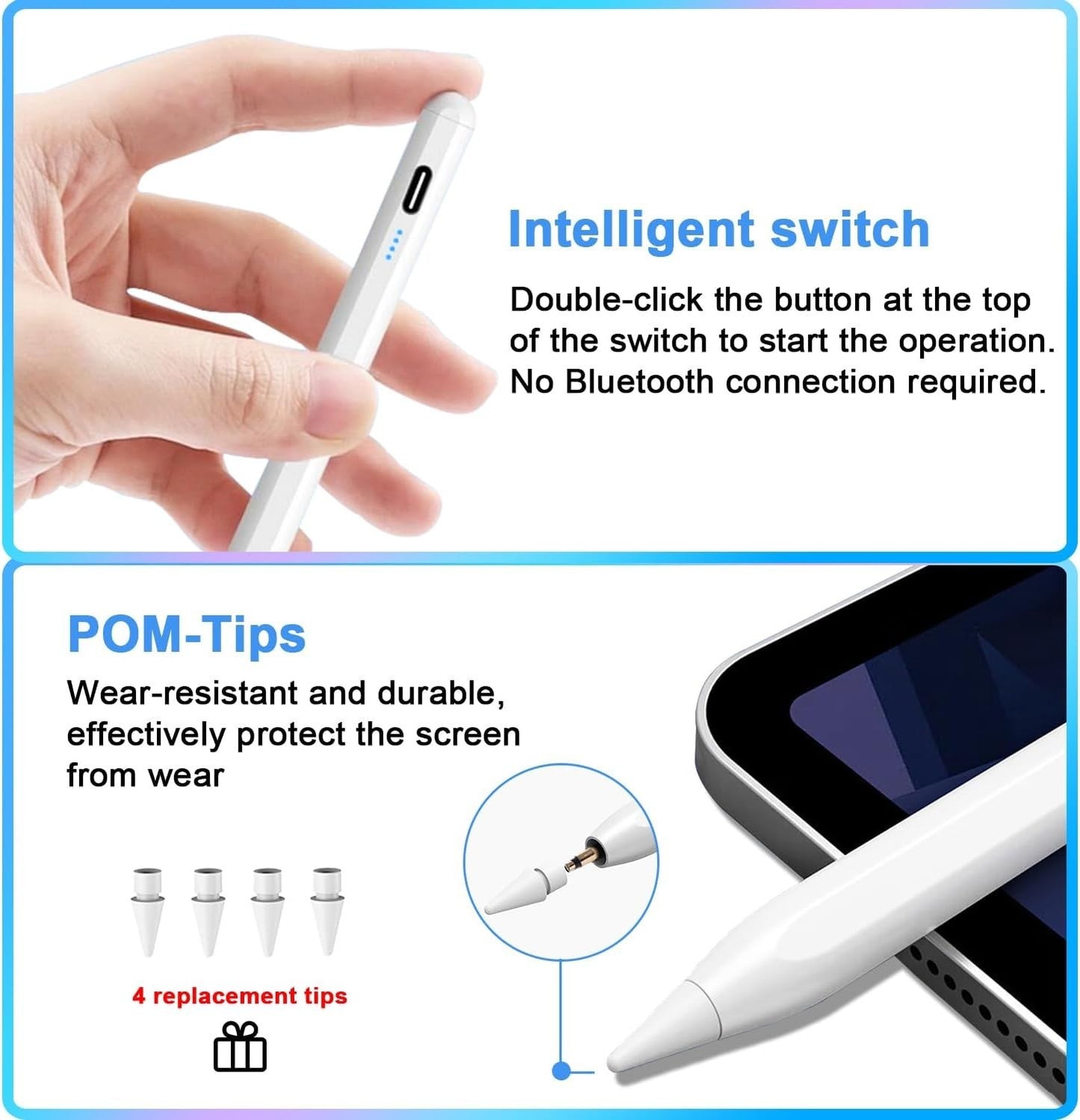 Stylus Pen for iPad 9th/10th Gen, Type-C Recharge, Palm Rejection, White