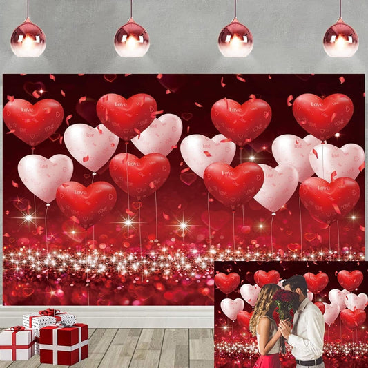 Red Pink Hearts Balloons Backdrop Valentines Day Glitter Romantic Couple Photog