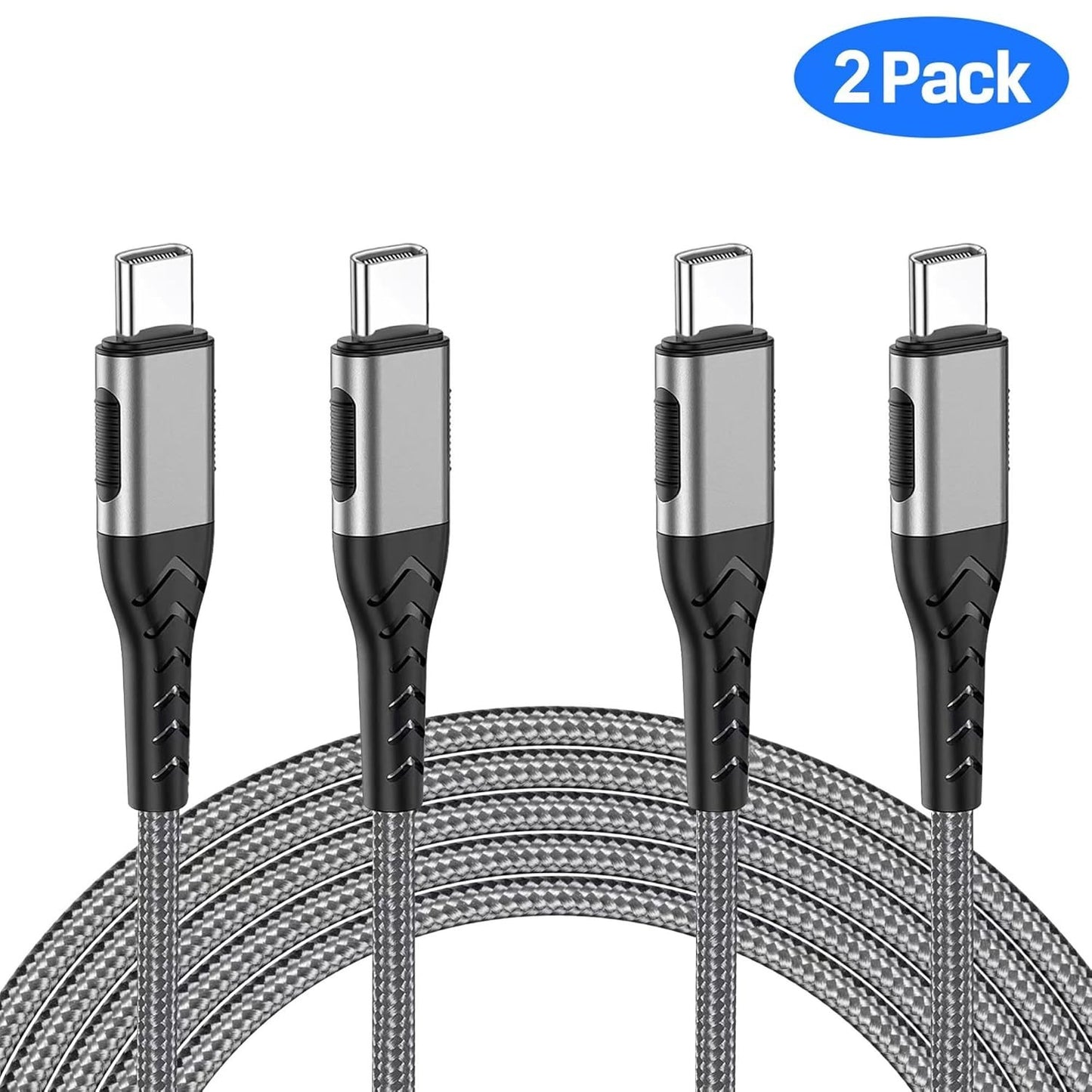 2-Pack 100W USB C to USB C Cable 10FT Fast Charger for iPhone 15 Pro Max Silver