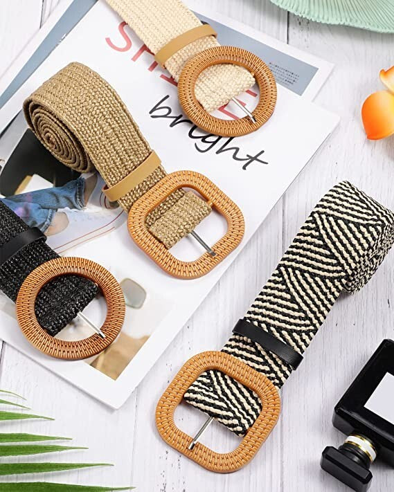 4 Pack Straw Woven Elastic Stretch Waist Belt Women Skinny Dress Belt Wooden Buc